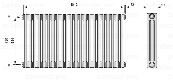 Схема (чертеж) Радиатор Zehnder Charleston 3075/22 №1270 Белый глянцевый RAL 9016